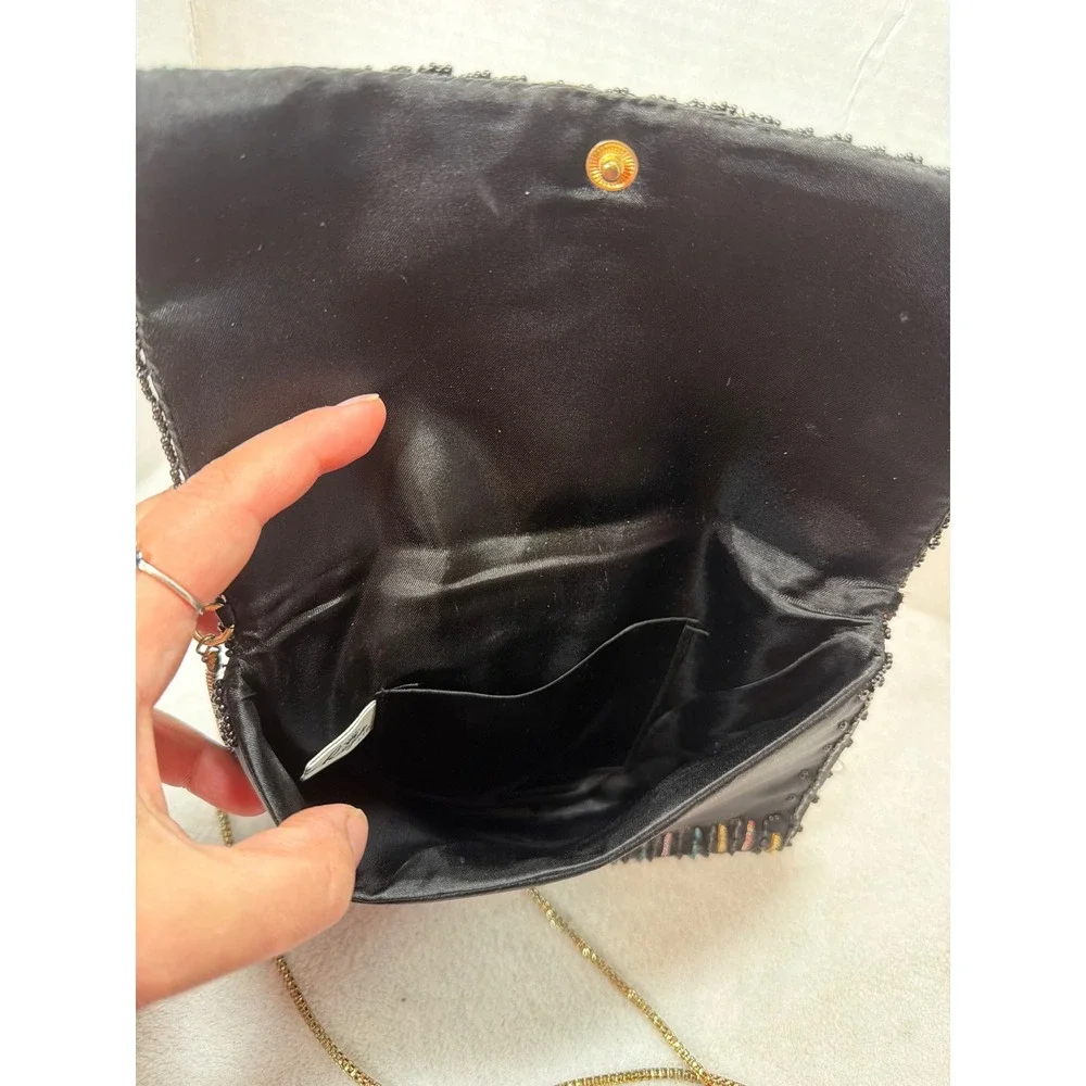 VTG 80s La Regale Beaded Evening Clutch Womens Small Black Multi Color Satin Bag